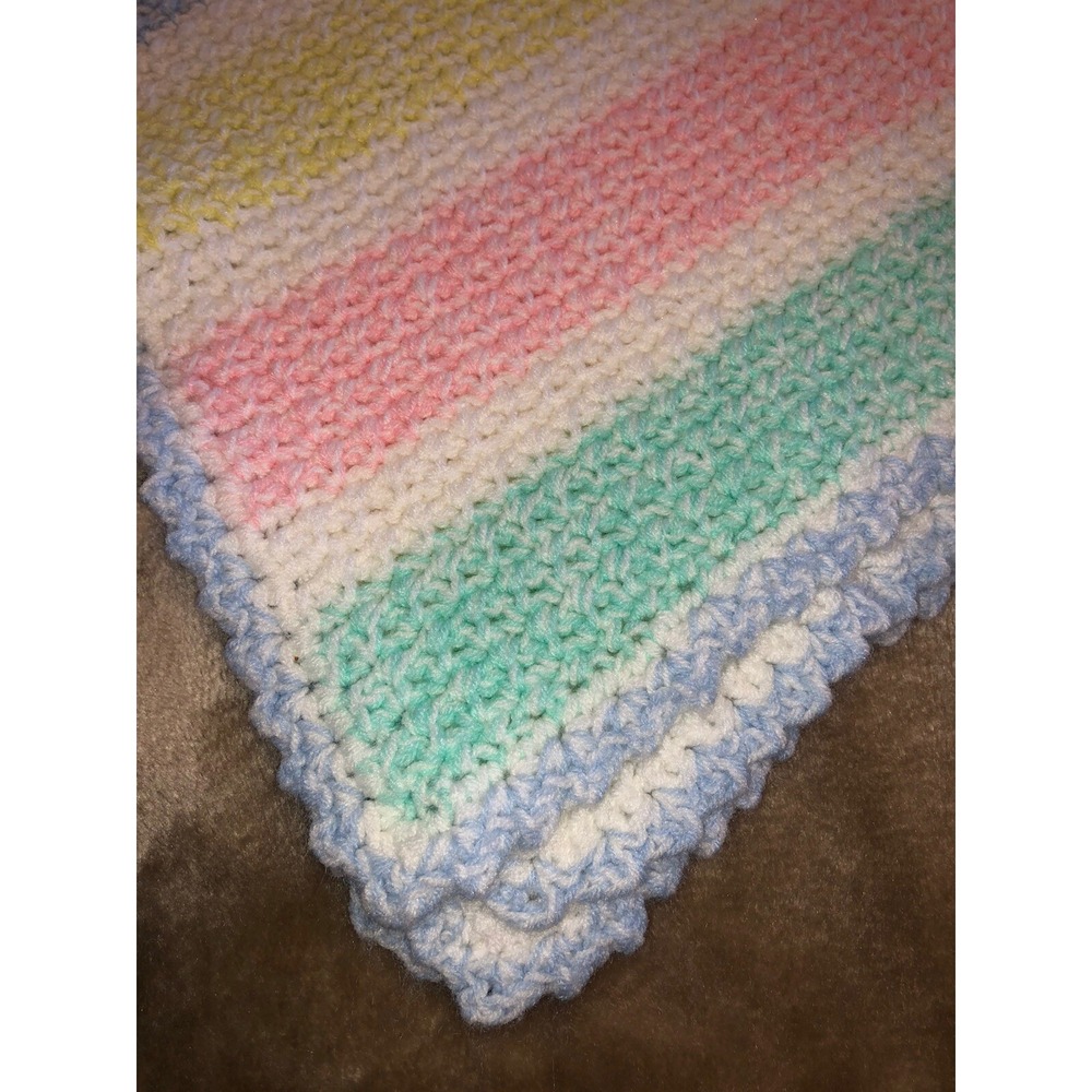 Baby Afghan Handmade Crochet Blanket striped multi-colored unisex neutral 31x34